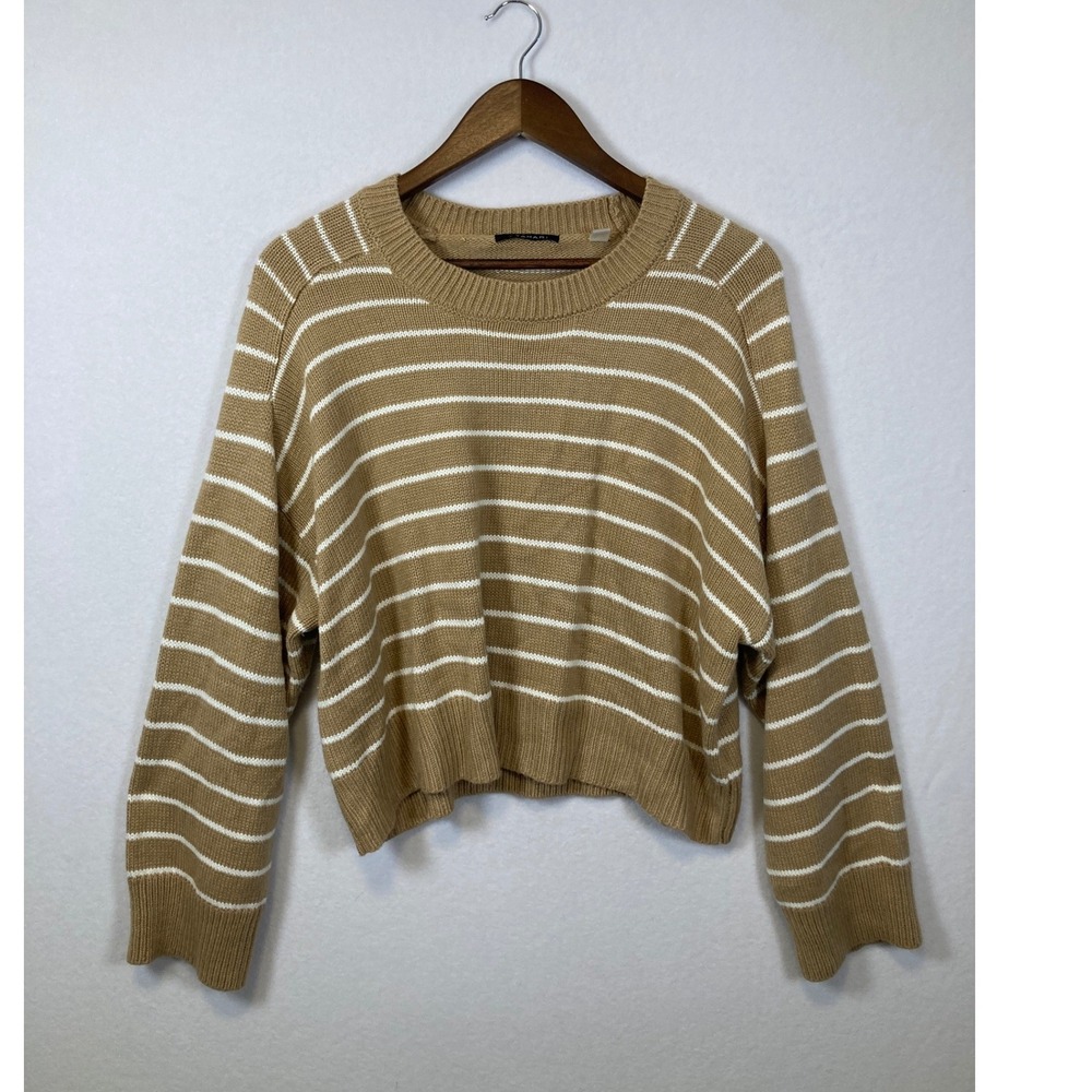 T Tahari Tan White Striped Crewneck Sweater Womens XL‎ Relaxed Knit Top
